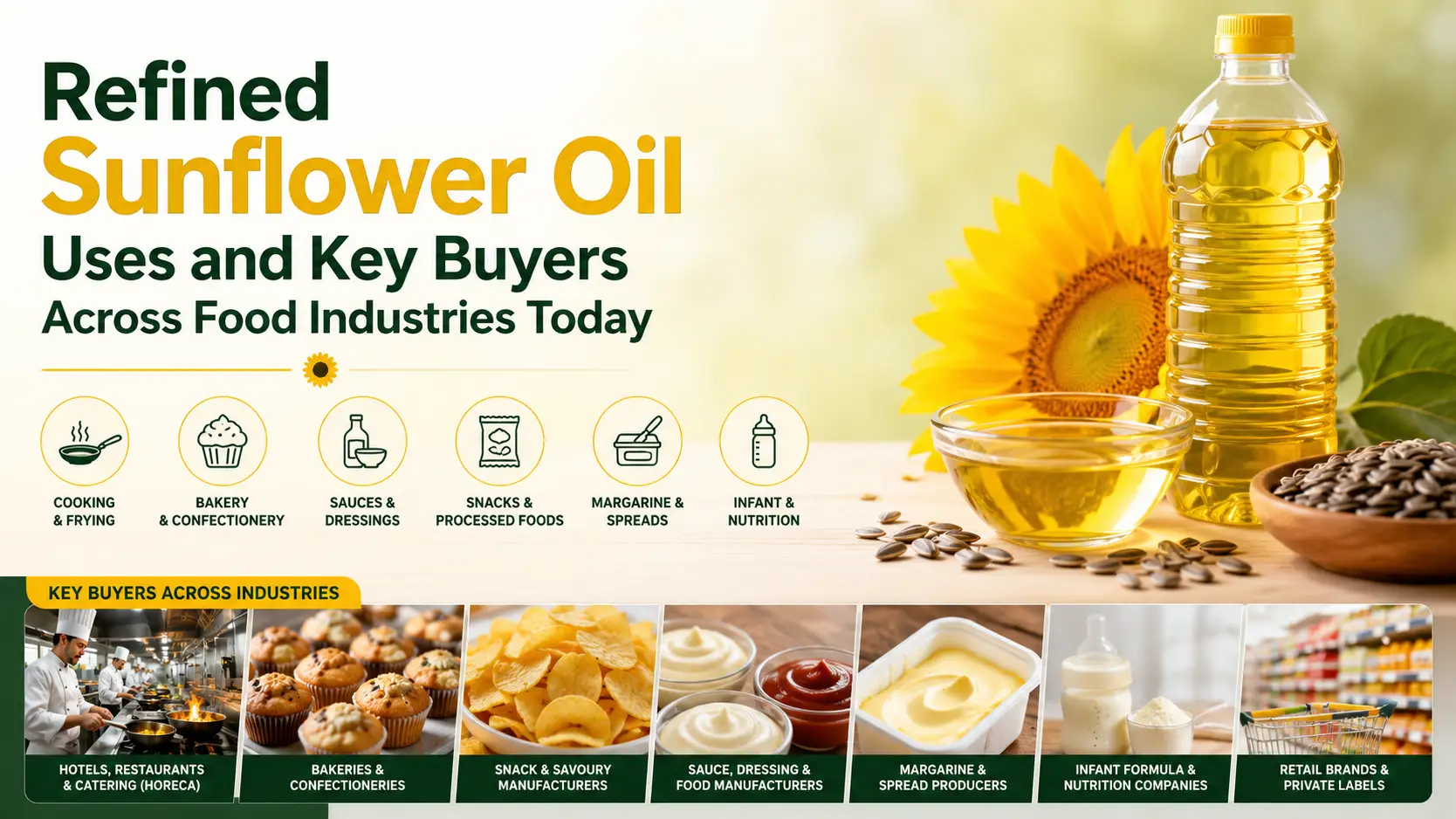 Usos del aceite de girasol refinado y compradores clave en las industrias alimentarias actuales